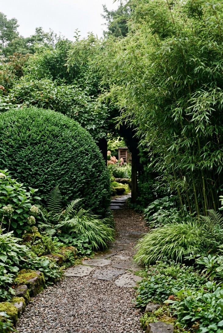 Path curving out of sight behind a clipped evergreen mound and bamboo, concealing the garden beyond