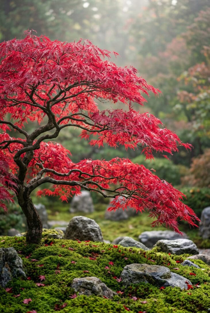Japanese maple with finely cut crimson leaves arching over green moss and grey rocks
