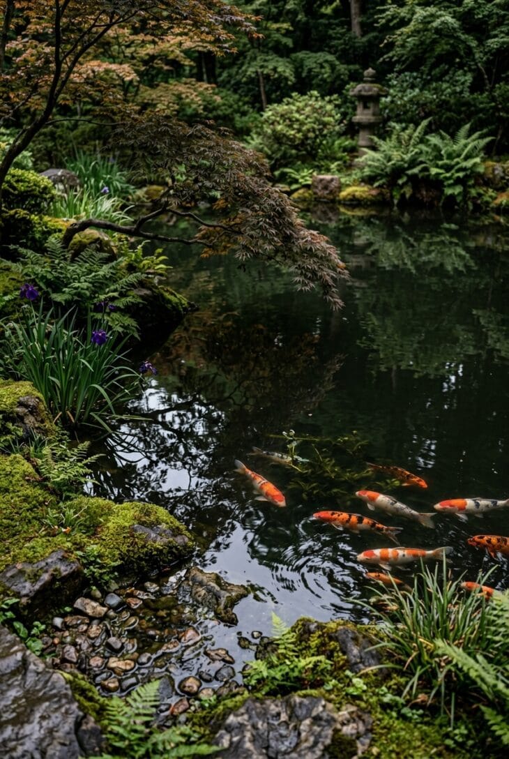 Still dark pond with an irregular rocky shoreline, koi below the surface and a maple reflected