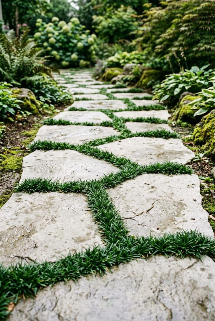 Dark green tufts of dwarf mondo grass filling the joints between large pale stepping stones