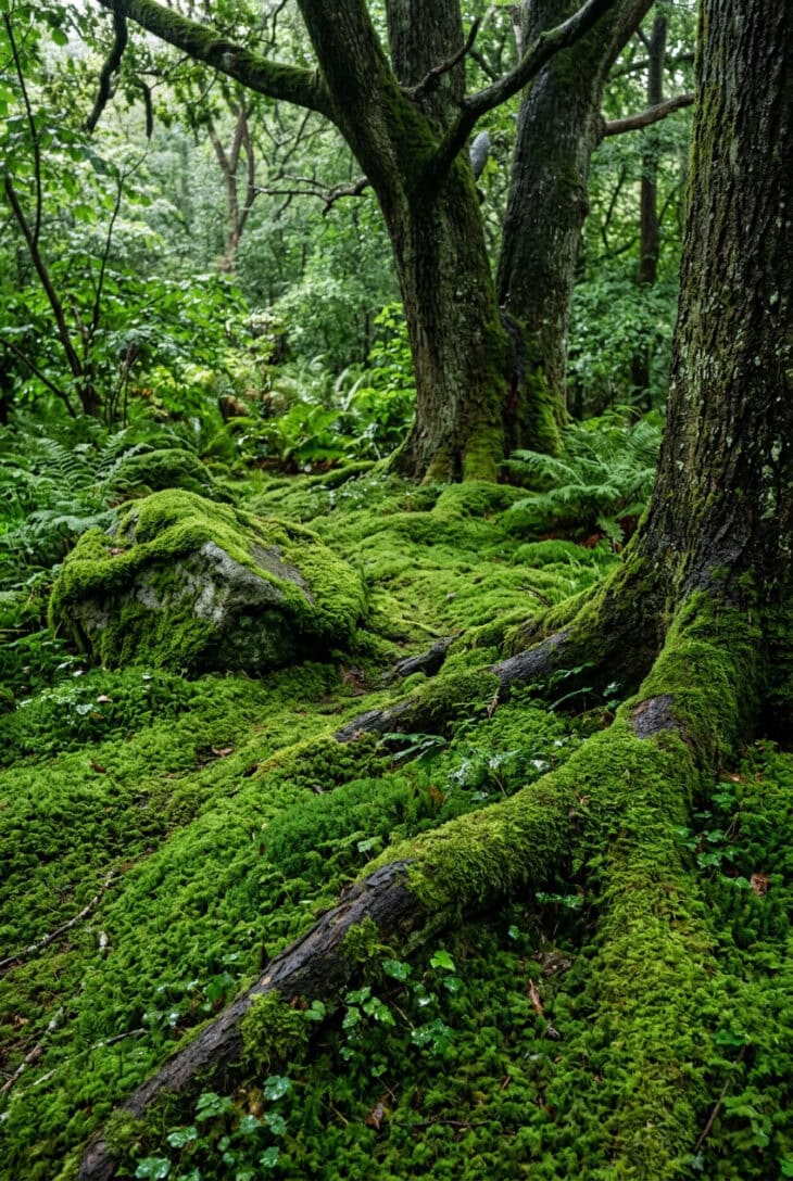 Undulating carpet of emerald moss flowing over tree roots and around a mossy rock in shade