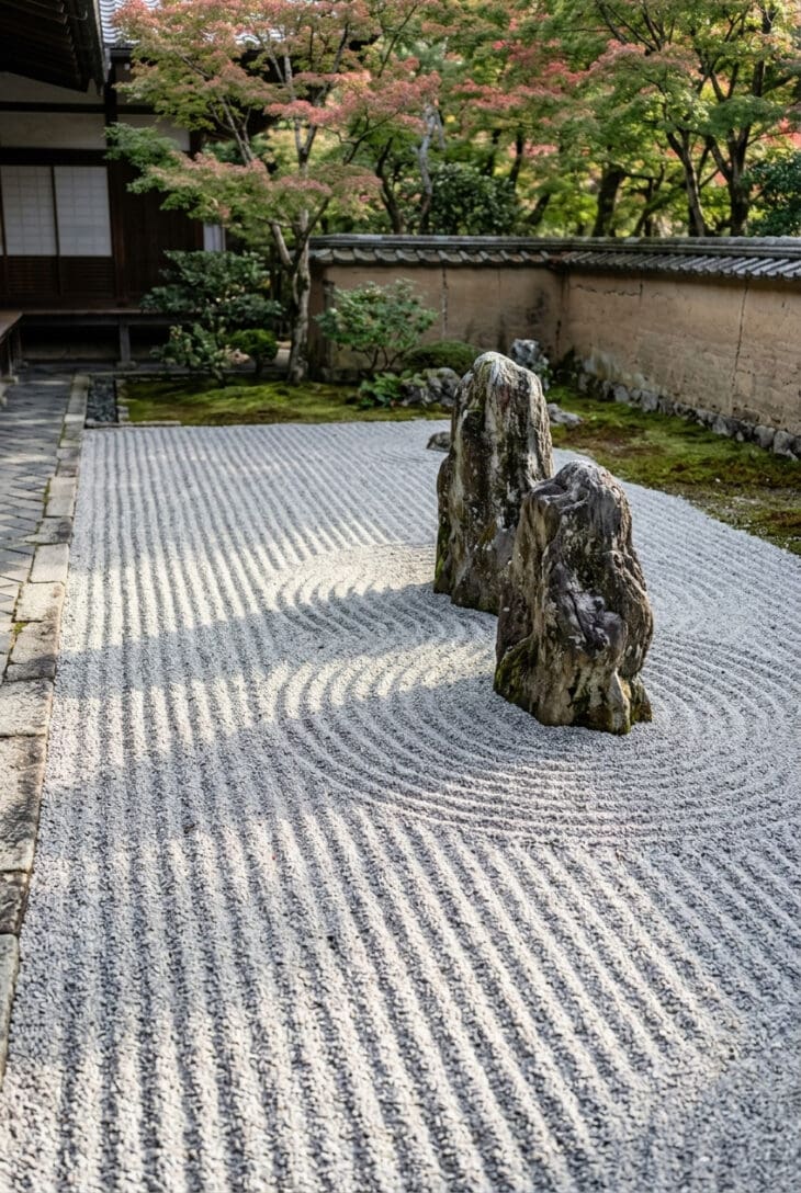 Pale grey gravel raked into parallel lines with ripples circling two weathered upright rocks
