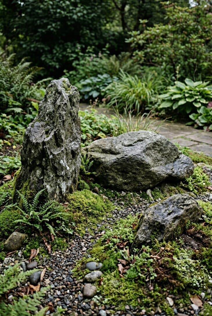 Group of three weathered rocks of different sizes half-buried in moss and gravel