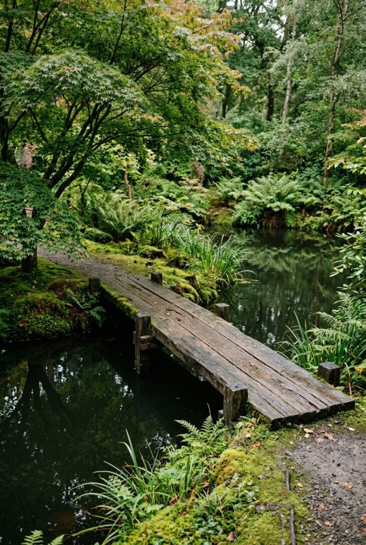 Low flat timber plank bridge without railings crossing a narrow neck of a dark pond