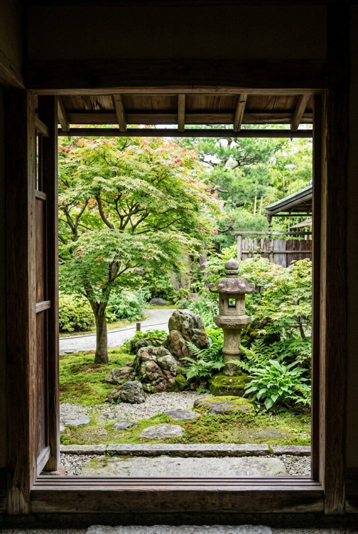 Japanese garden framed like a picture through an open timber-framed veranda doorway