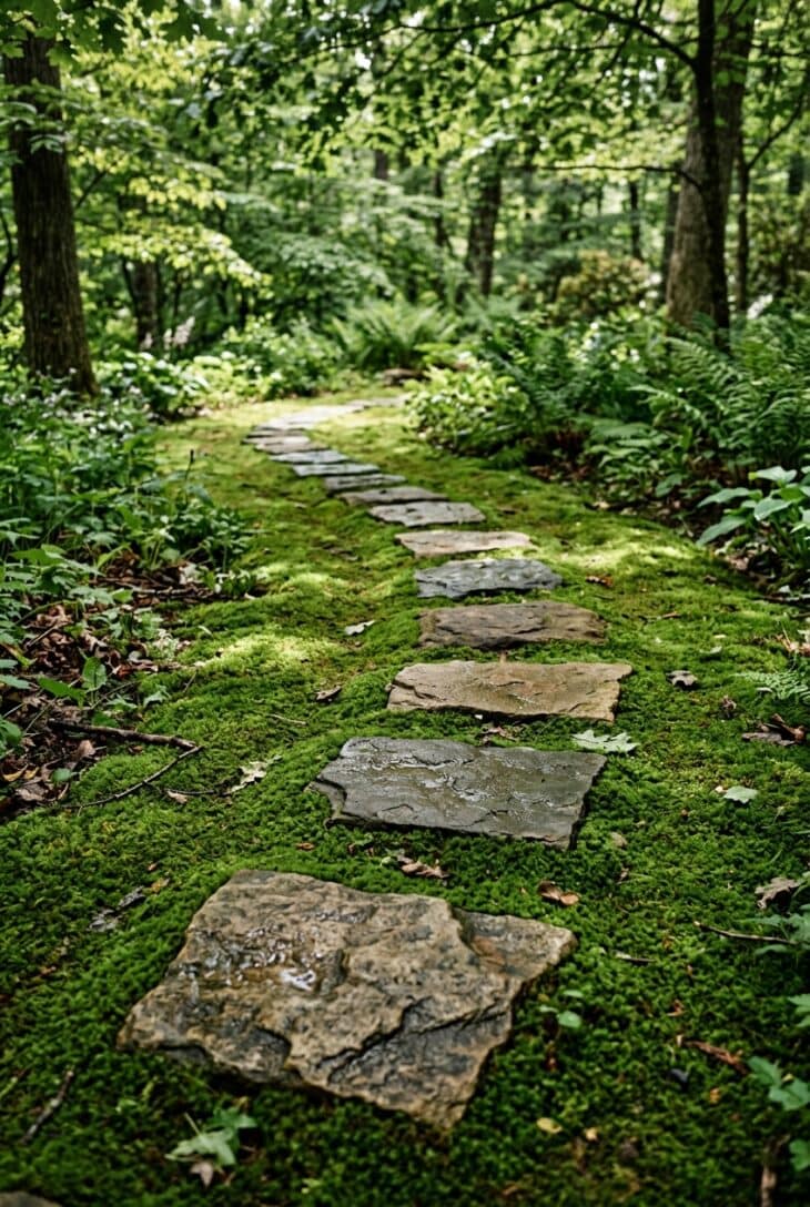 Irregular flat stepping stones set flush into deep green moss, curving unevenly through shade