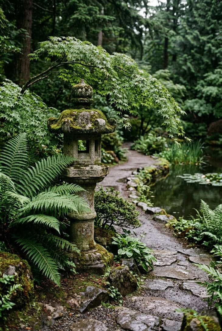 Mossy weathered granite lantern half hidden by ferns where a path bends near a pond