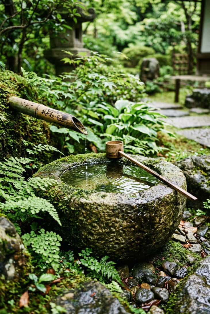 Low mossy stone basin brimming with water, a bamboo spout dripping into it and a ladle on the rim
