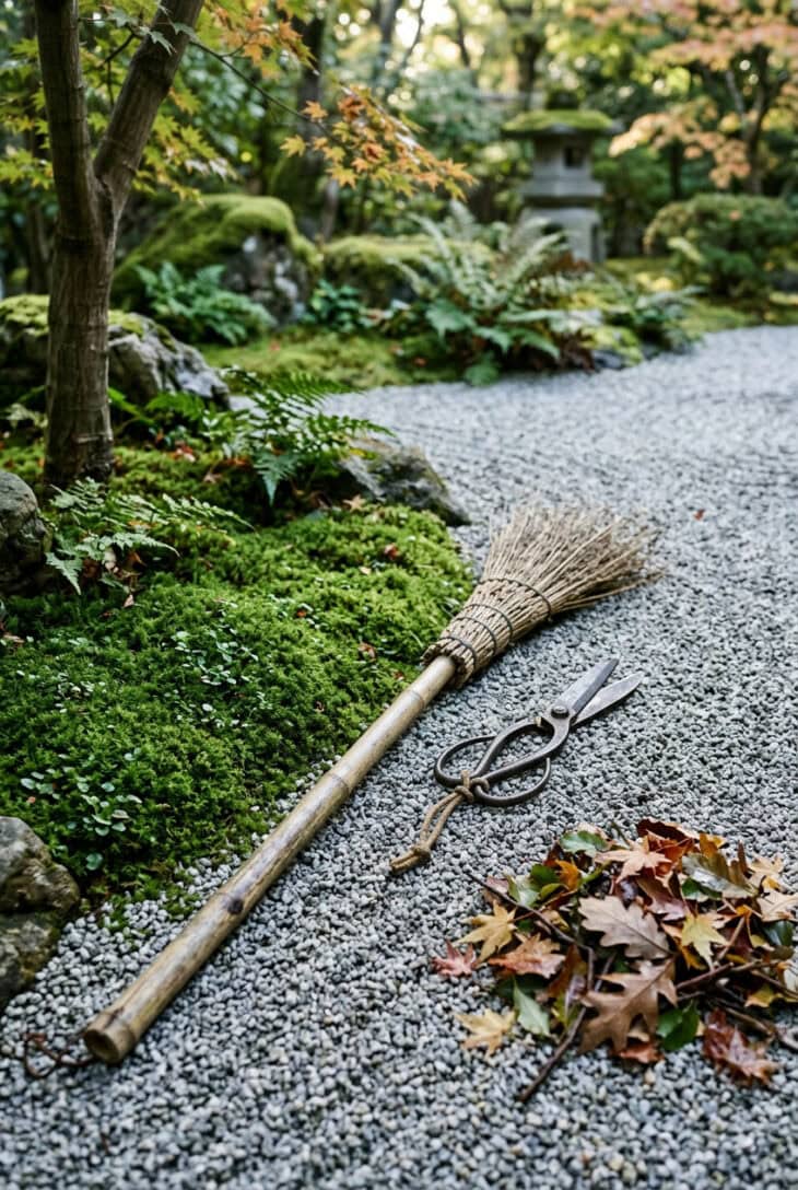Bamboo broom and hand shears resting on swept gravel beside immaculate moss and a pile of leaves