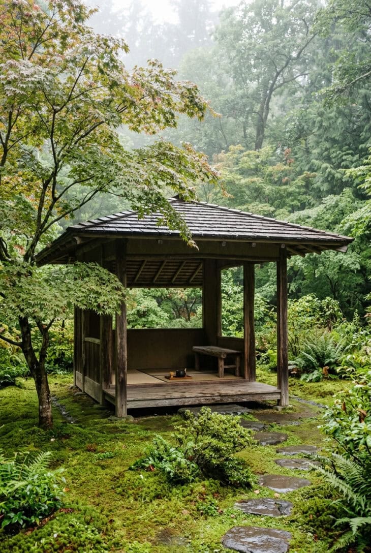 Small dark timber pavilion with a low overhanging roof at the edge of a mossy garden