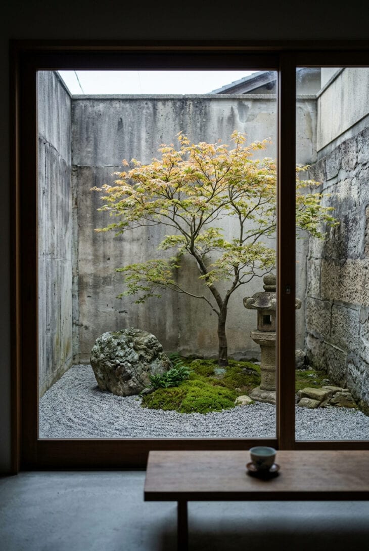 Tiny enclosed courtyard with raked gravel, one rock, a small maple and a patch of moss