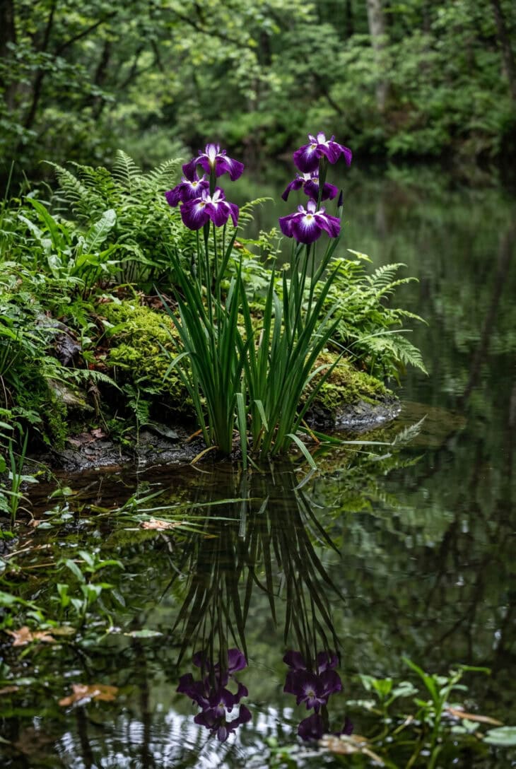 Deep purple water iris with sword-shaped leaves at the margin of a dark pond, reflected in it