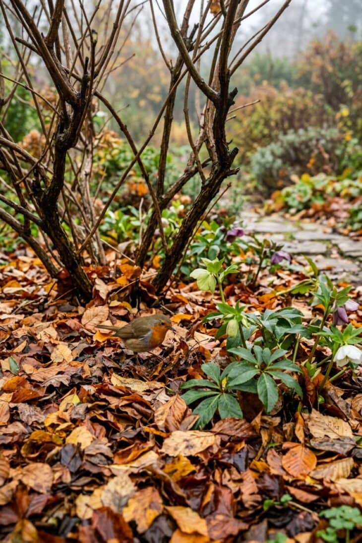Deep layer of fallen autumn leaves left undisturbed beneath shrubs