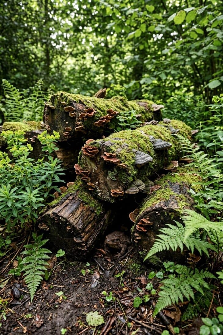 Moss-covered log pile decaying in a shady corner of a garden