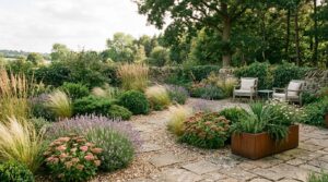 Easy-care garden of ornamental grasses, sedum and evergreen shrubs in a gravel bed