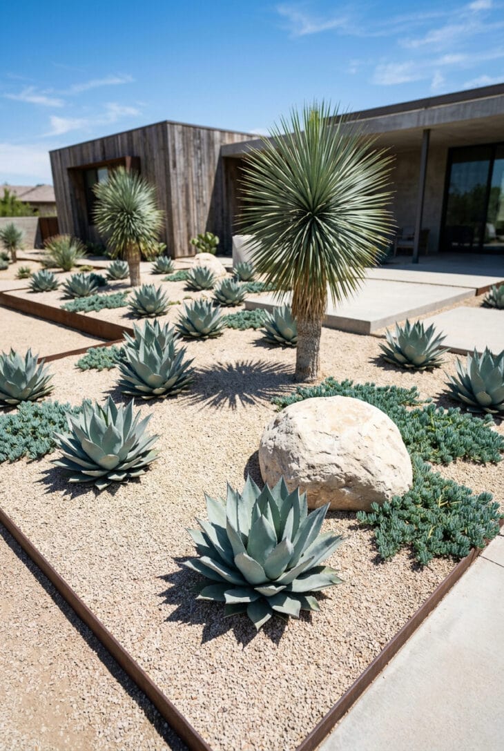 Blue-grey agaves and spiky succulents spaced widely in a pale gravel bed