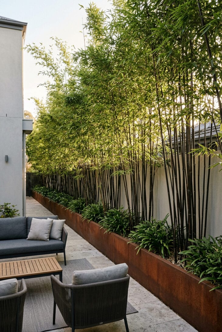 Tall black-stemmed bamboo growing as a screen in a long corten steel trough