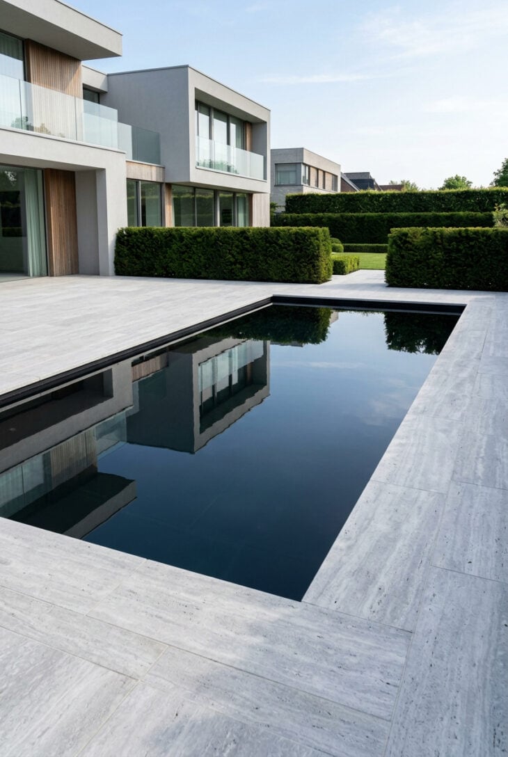 Small black-lined plunge pool set flush into pale grey stone terrace