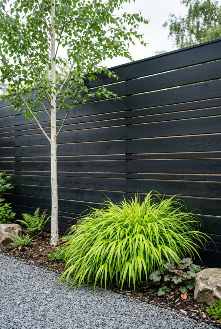 Charcoal black horizontal slatted timber fence behind bright green foliage