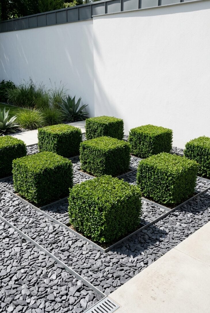Grid of nine clipped boxwood cubes in dark slate chippings against a white wall