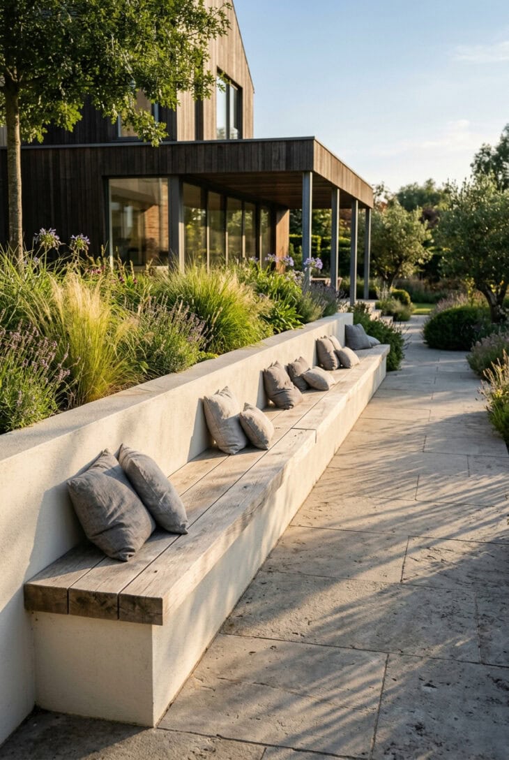 Long rendered wall topped with a timber slab forming built-in bench seating
