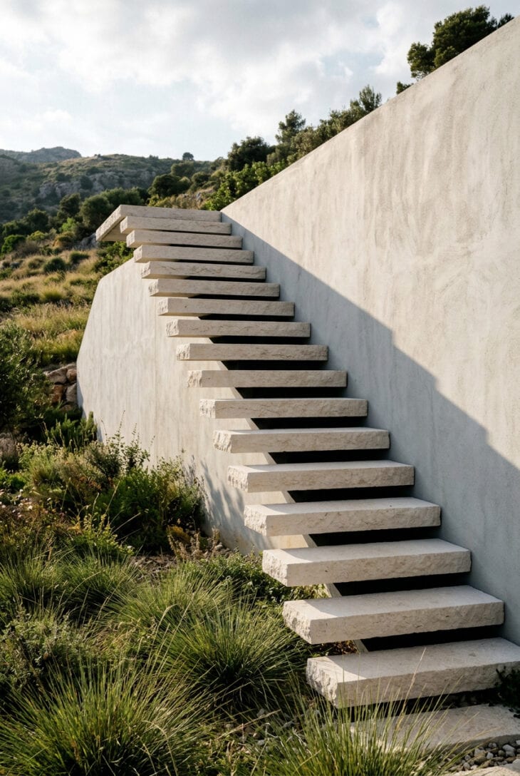 Thick pale stone steps cantilevered from a wall appearing to float with shadow gaps