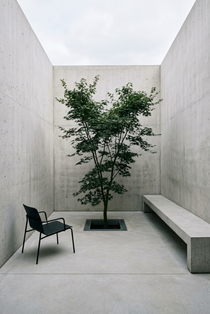 Small enclosed courtyard finished in pale grey concrete with a single tree in a floor opening