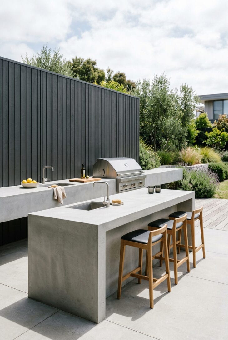 Monolithic pale concrete outdoor kitchen counter with built-in grill and sink