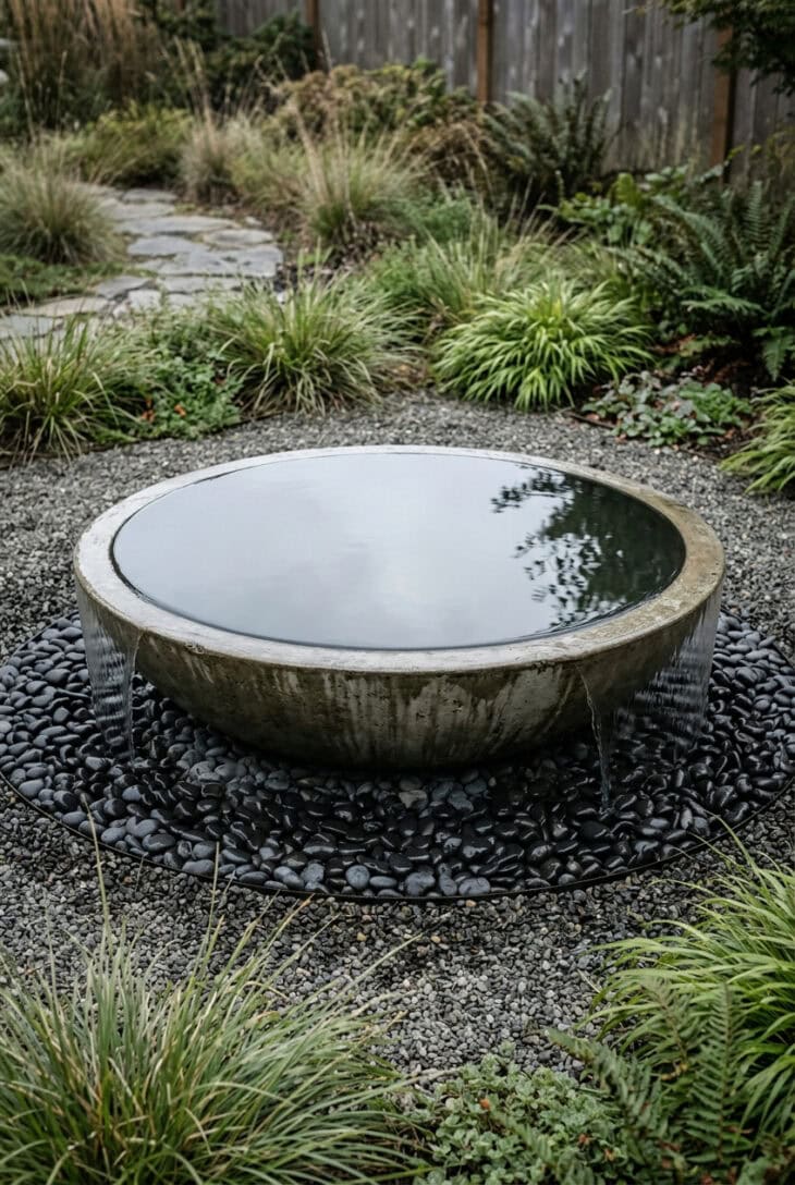 Shallow concrete bowl brimming with water spilling over its rim onto black pebbles