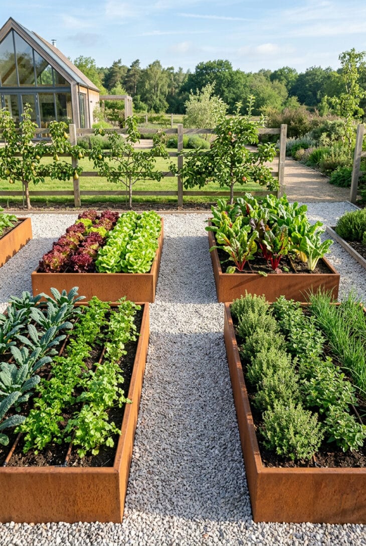 Four rectangular corten steel raised vegetable beds in a grid with gravel paths