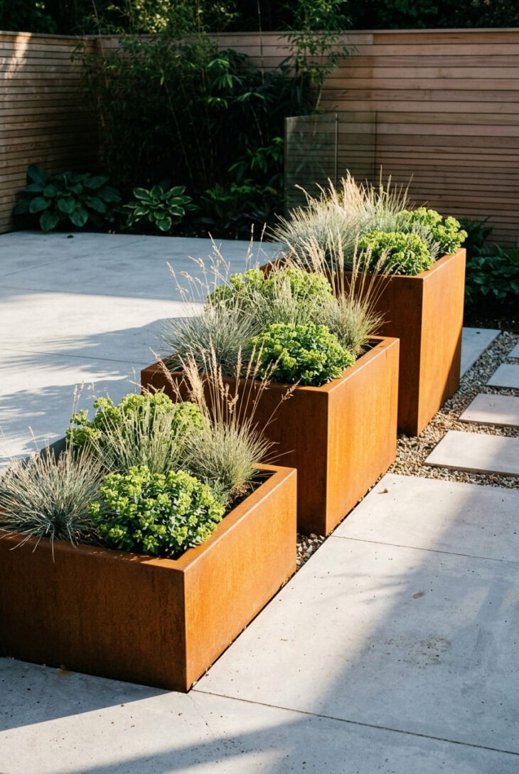 Weathered corten steel raised planters filled with ornamental grasses on grey paving