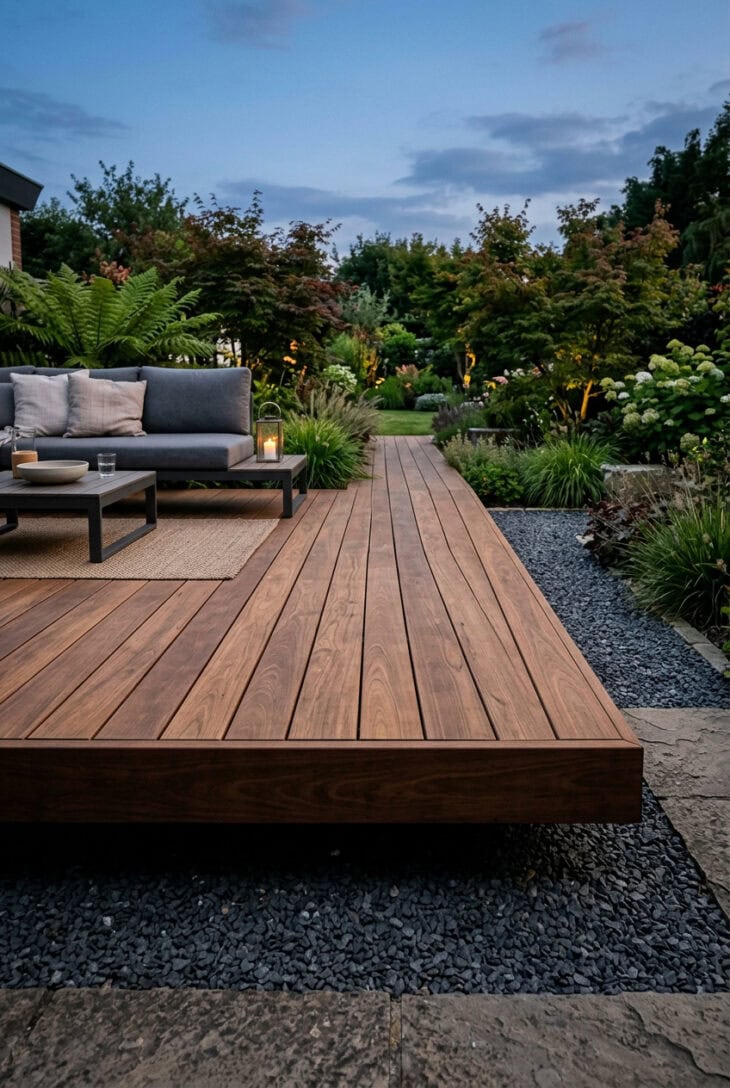 Hardwood deck appearing to float above grey gravel with a clean shadow line beneath