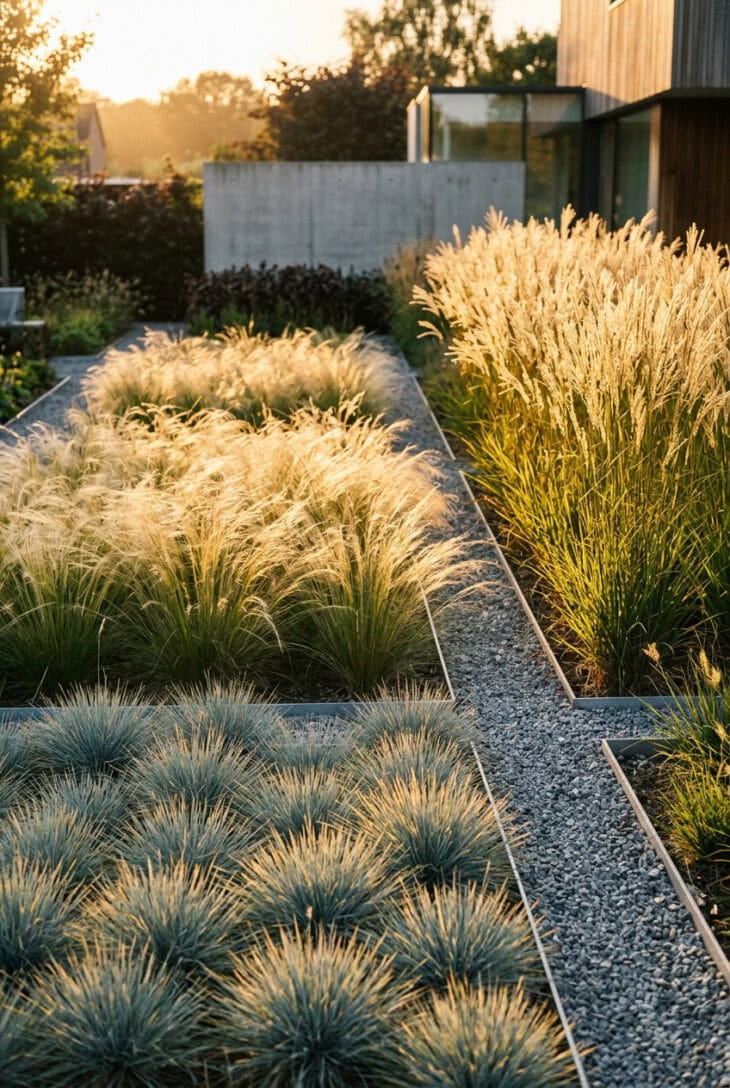Rectangular blocks of different ornamental grasses backlit by golden evening sun