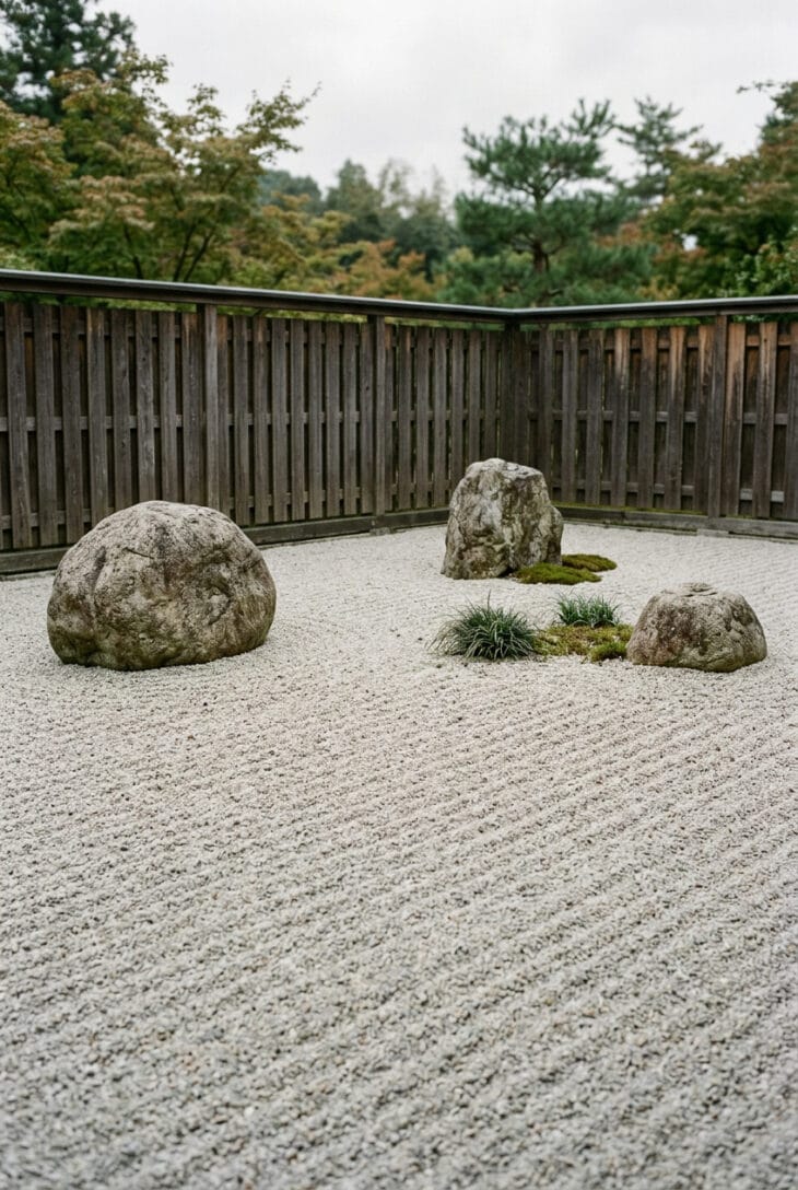 Minimal garden of raked grey gravel with three carefully placed granite boulders