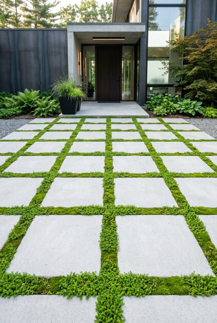 Grid of pale concrete pavers with wide joints filled with low green creeping plants
