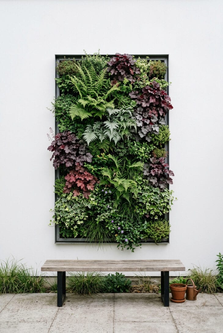 Densely planted living wall panel of ferns and heuchera set into a white rendered wall