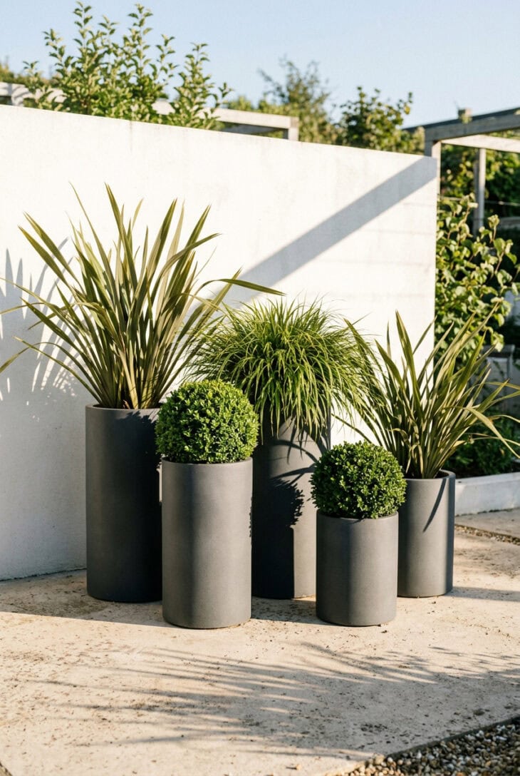Group of matte charcoal cylindrical planters of different heights each holding one bold plant