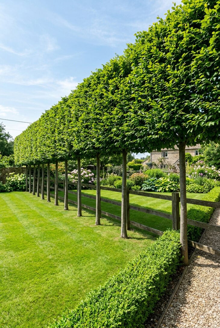 Row of pleached hornbeam trees forming a clipped green screen above a fence