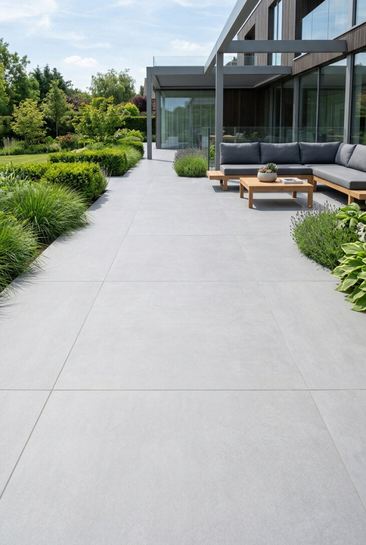 Terrace of large pale grey porcelain slabs with hairline joints
