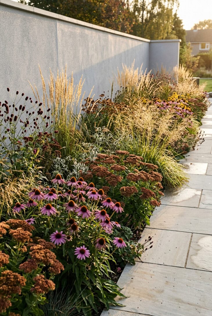 Naturalistic prairie-style perennial border of coneflowers and grasses beside modern paving