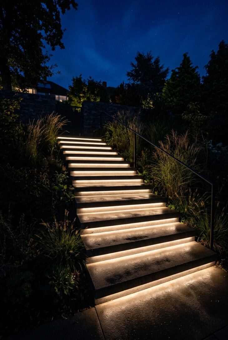 Garden steps at night lit by hidden warm-white LED strips under each riser