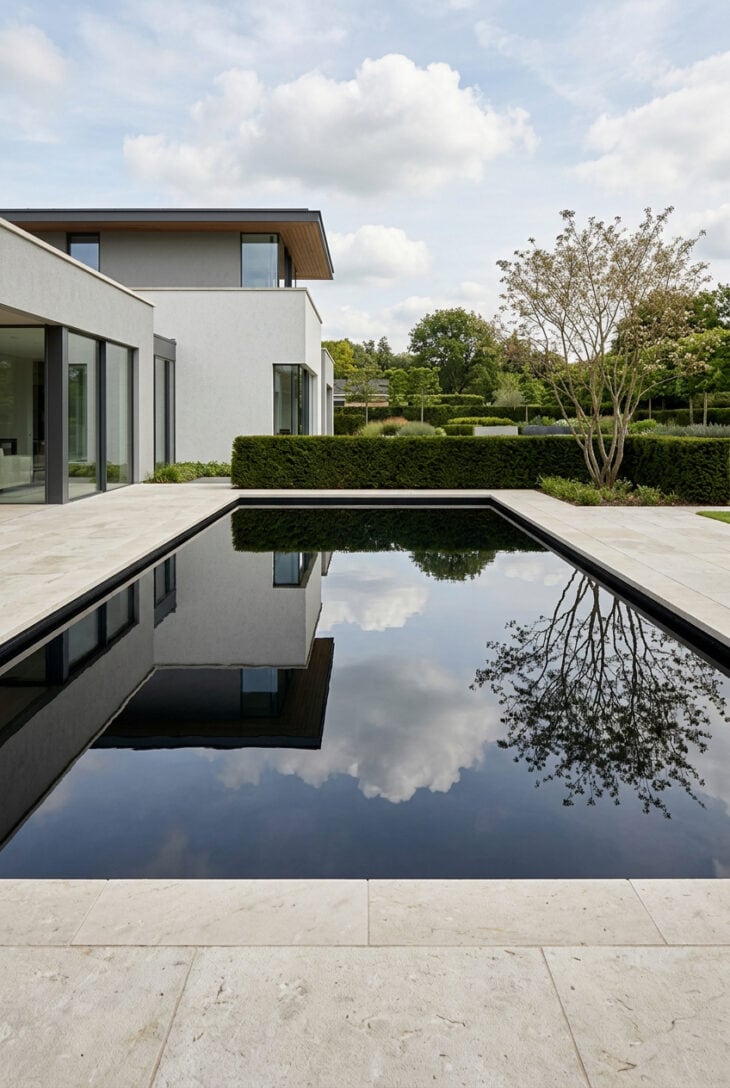 Still black-lined reflection pool mirroring a modern house and sky