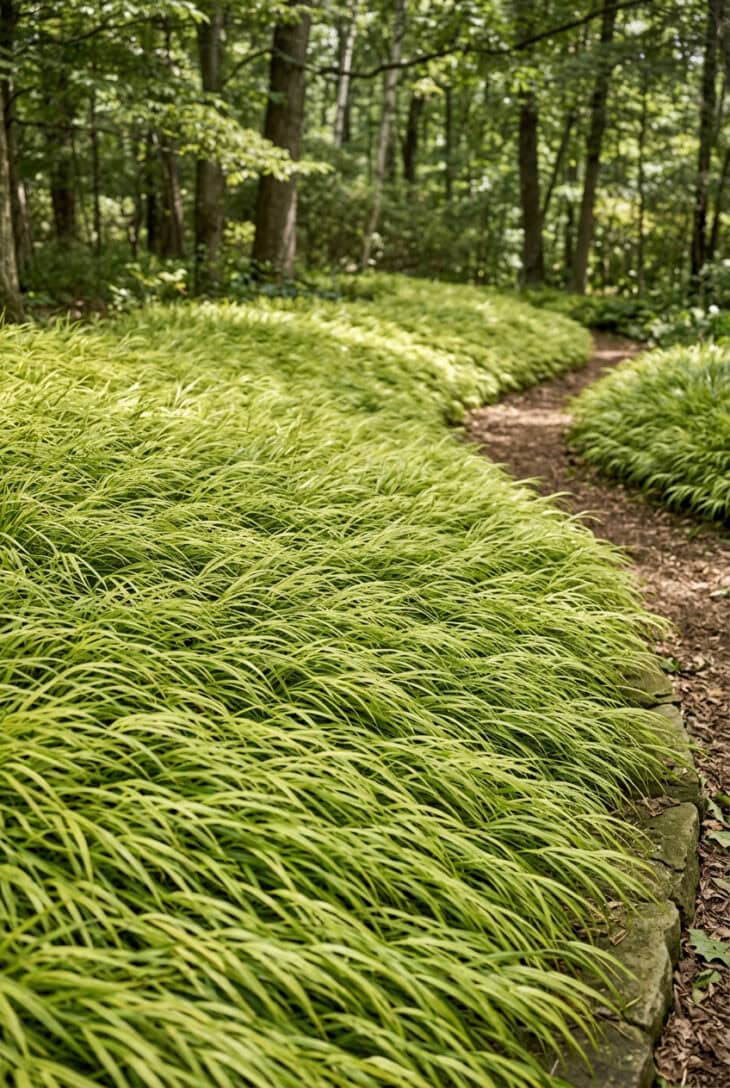 Large bed massed entirely with arching golden-green Japanese forest grass