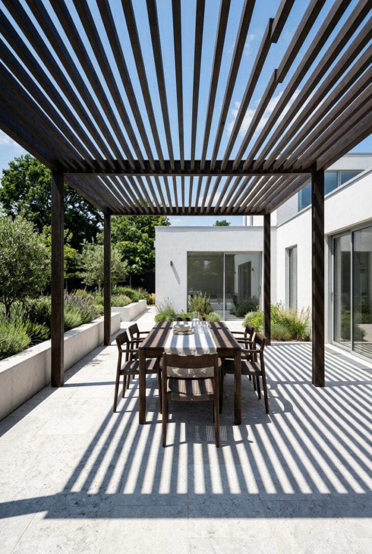 Minimal timber pergola casting striped shadows across a pale stone dining terrace