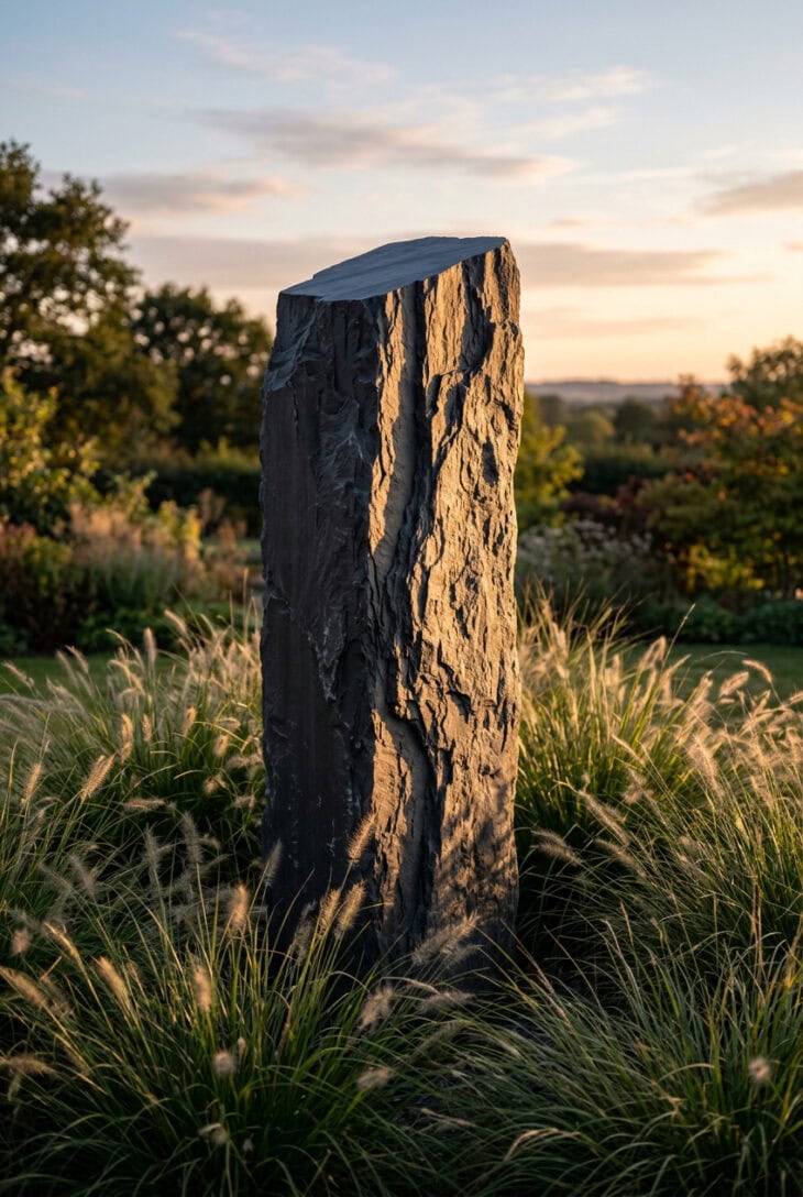 Tall dark slate monolith standing upright among fine ornamental grasses