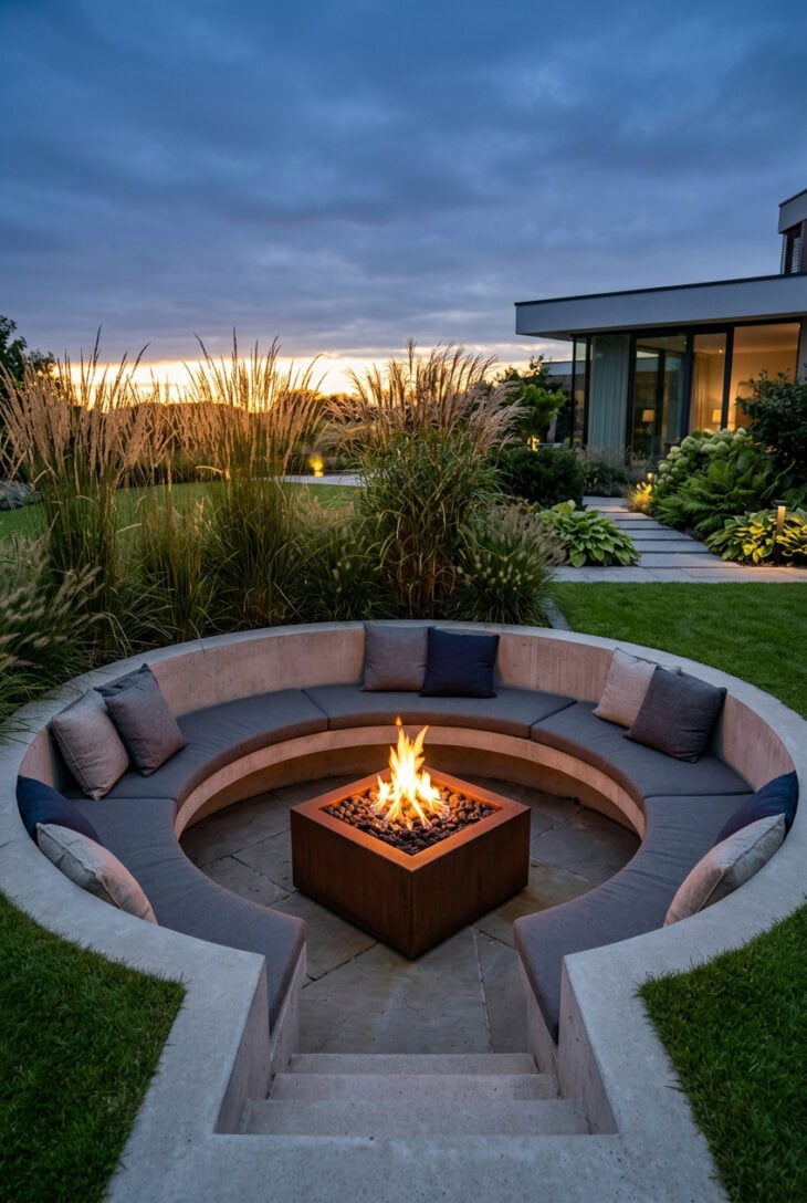 Circular sunken seating area below lawn level with a lit fire pit at dusk