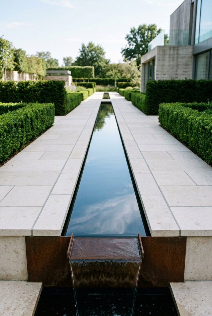 Narrow linear water rill running the length of a paved modern garden