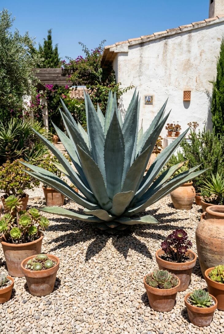 Large blue-grey agave rosette in gravel casting hard shadows with aeoniums in pots around it