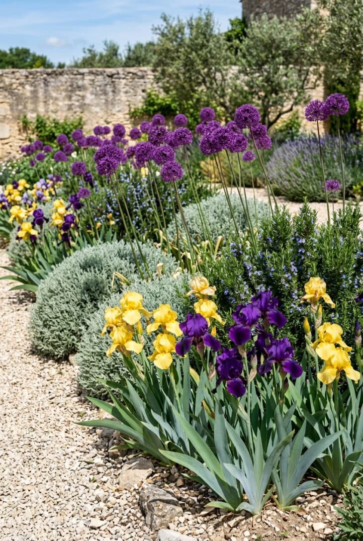 Purple allium globes above grey santolina with yellow and violet bearded iris in a gravel border