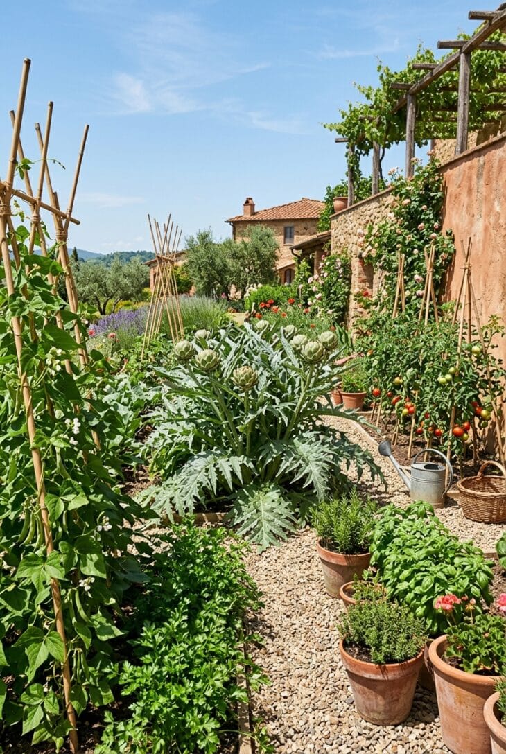 Kitchen garden with silver globe artichokes, bean wigwams and tomatoes against a sunny wall